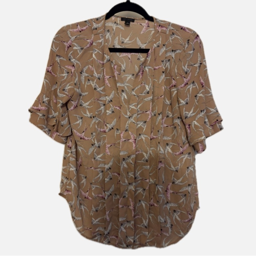 Ann Taylor Pleated Front Bird Print Blouse.